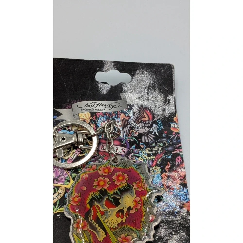 ed hardy by christian audigier Ghost Keychain New Skull Flower Design Y2k Vtg